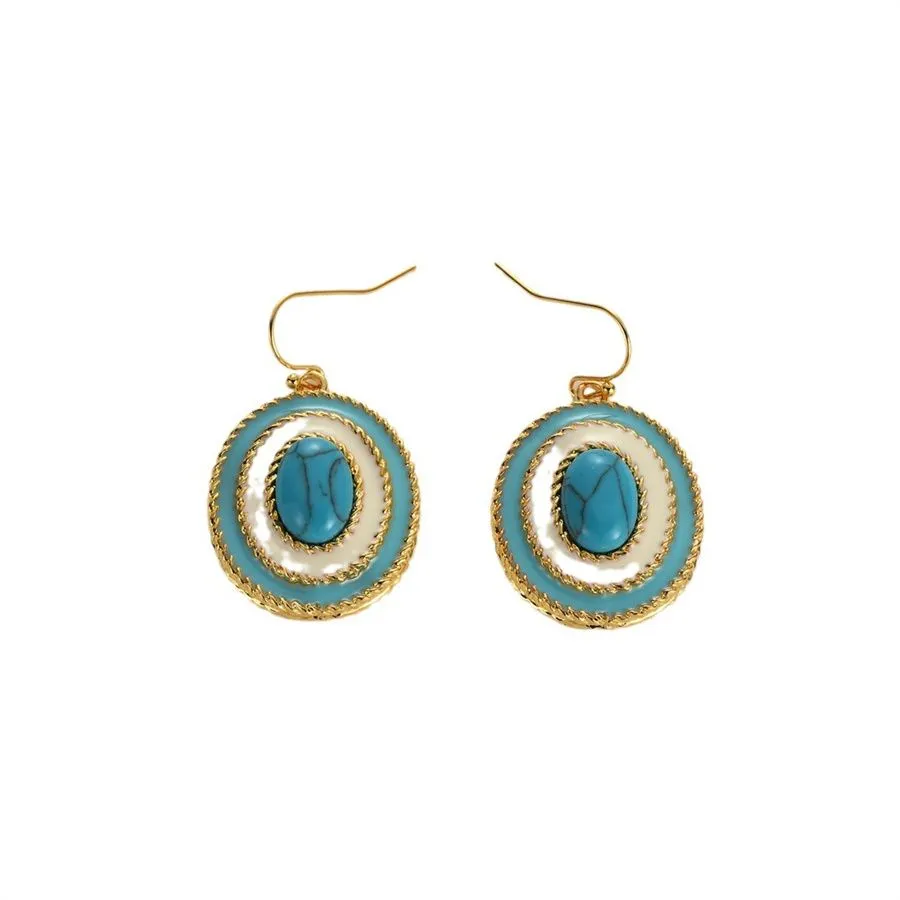 French Vintage Oval Enamel Turquoise Earrings for Women Unique Charm Jewelry Of High End Natural Stone