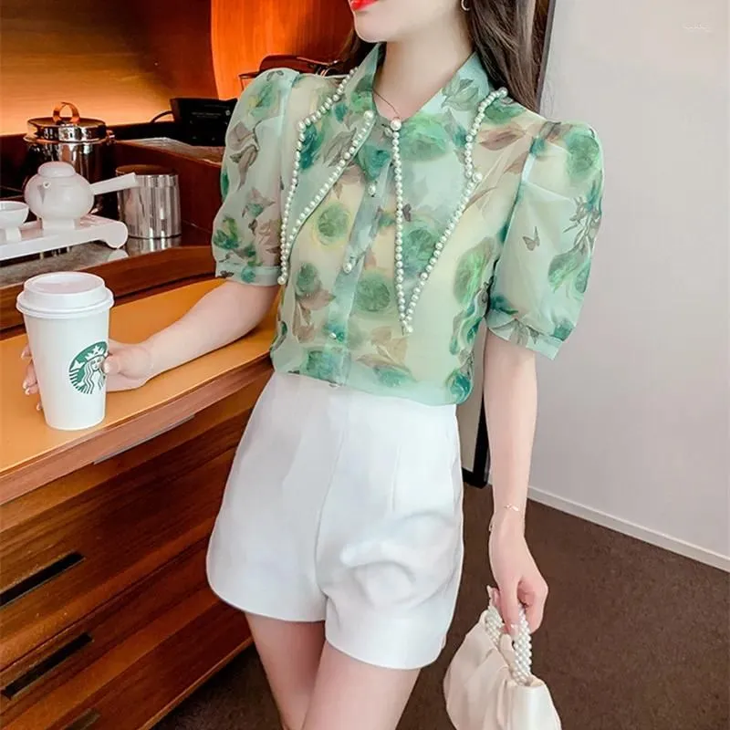 Women`s Blouses Summer Diamond Point Collar Render Print Organza Shirt Sleeve Single-Breasted Slim Chiffon Tops