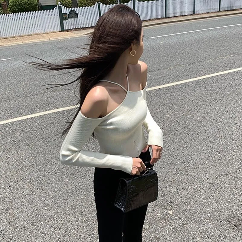 Women`s Sweaters Women`s Sweater Mujer 2022 Sexy Off Shoulder Slim Knitted Long Sleeve Pull Femme Autumn Vintage Chandails White Black