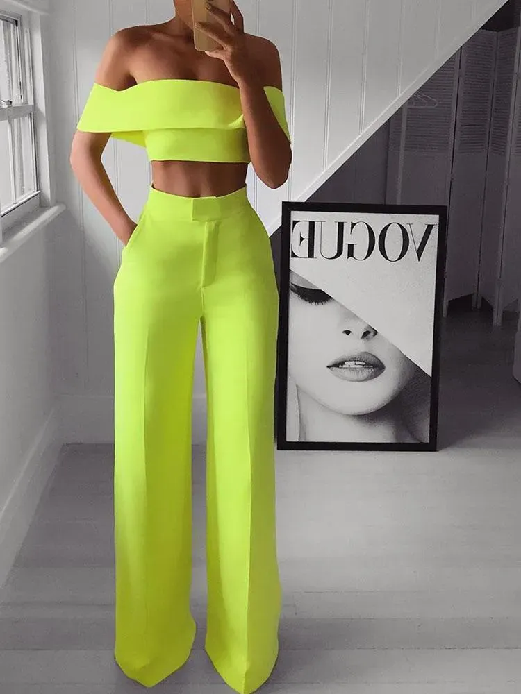 Women`s Jumpsuits Women`s & Rompers Elegant High Waist Loose Commuter Suits Women Sexy Off Shoulder Crop Tops & Wide Leg Button