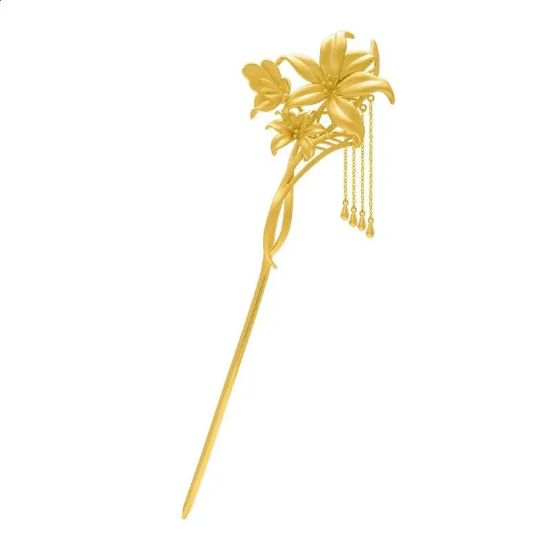 Ancient Gold Craft Tassel Hanfu Tiara Romantic and Creative High Quality Lily Flowers Blossom Hair Jewelry for Women Hairpin 240311
