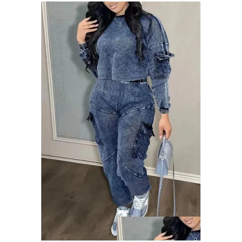 Newest Style Casual Pocket Pullover Long Sleeve Pants Suit Two Pieces Set Woman Round Collar T Shirt and Straight Trousers Suit