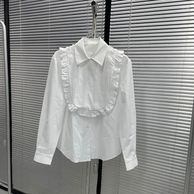 Women`s Blouses Designer Btand Chic Ruffles Bib Long Sleeve Shirt Loose Ear Edge Age Reducing White Tops Korean Vestidos