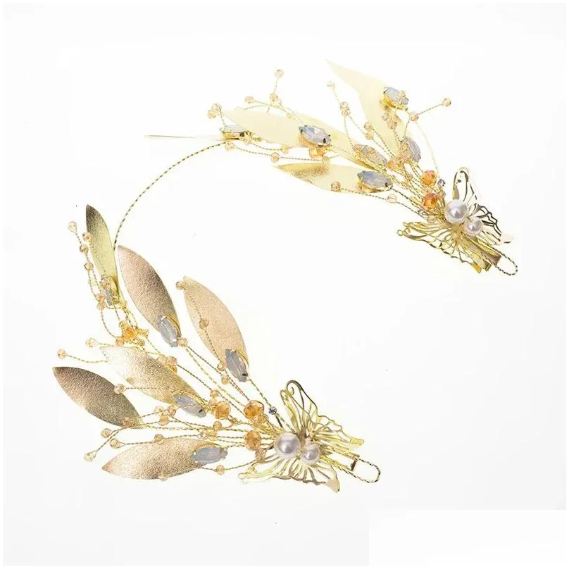 Hair Clips Baroque Bride Gold Color Leaf Crown Crystal Wedding Tiara Women Accessories Hairbands Head Ornaments