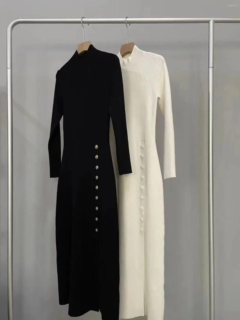 Casual Dresses Side Slit Knit Dress Women Half Turtleneck Buttons Long Sleeve Slim Fit Female Temperament Midi Robe 2023 Autumn