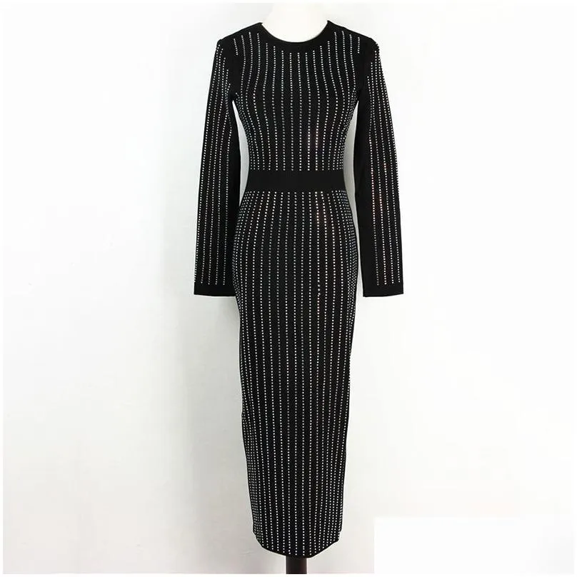 Basic & Casual Dresses Stripes Binding Sequin Party Dress Women Long Sleeve Diamonds Bodycon Y Shinny Skinny Vestidos Verano 2021 Dro Otwri