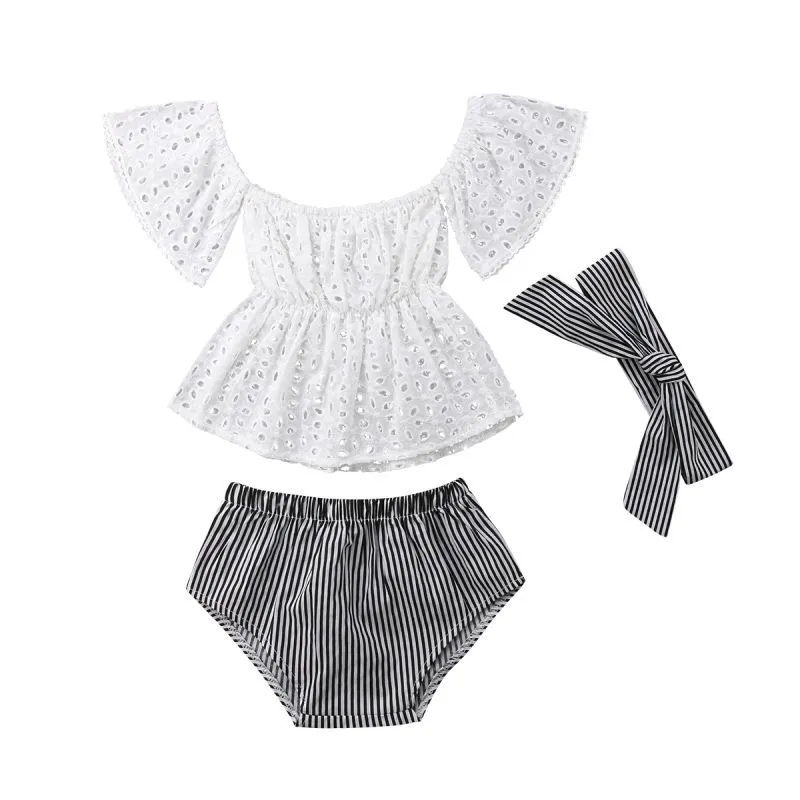 3pcs Toddler Baby Girl clothes set Lace hollow out short sleeve Top With Stripe Shorts And Headband 3Pcs Outfits set clothes