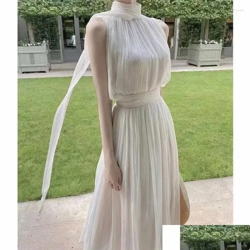 Work Dresses Greek Fairy Minority Design Sleeveless Imitation Silk Ribbon Skirt Set