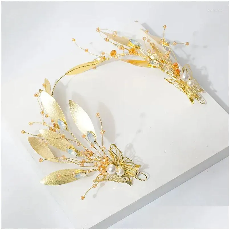 Hair Clips Baroque Bride Gold Color Leaf Crown Crystal Wedding Tiara Women Accessories Hairbands Head Ornaments