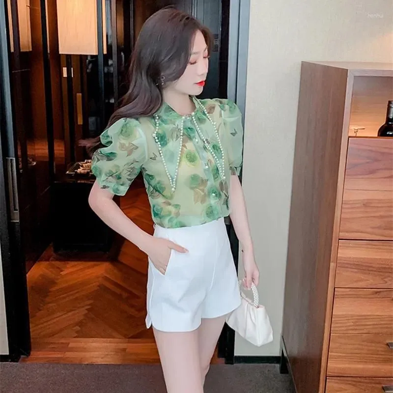 Women`s Blouses Summer Diamond Point Collar Render Print Organza Shirt Sleeve Single-Breasted Slim Chiffon Tops