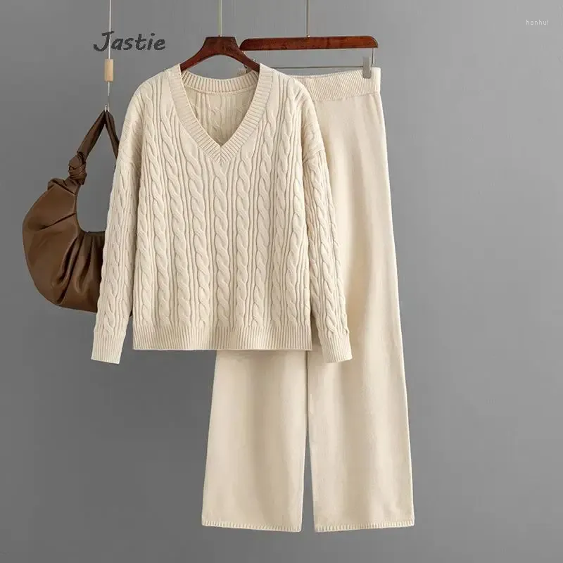 Women`s Two Piece Pants 2024 Autumn And Winter Fashion Wide-leg Sweater Women Suit V-neck Knitted Top Long Trousers Two-piece Set