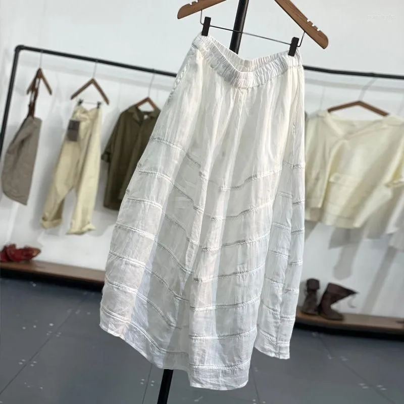 Skirts Arts Style 2023 Arrival Summer Women Loose Casual Cotton Linen Striped Patchwork Skirt A-line Mid-calf P502