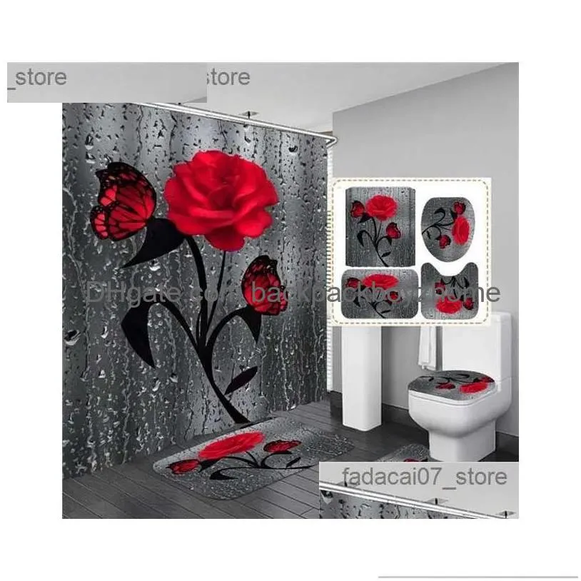 Shower Curtains 4Pcs Flower Curtain Set With Non-Slip Rugs Toilet Lid Er And Bath Mat Black Waterproof Bathroom Drop Delivery Dhlpr