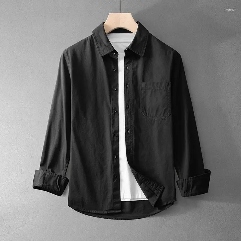 Men`s Casual Shirts Long Sleeved Shirt Pure Cotton Washed Lapel Work Clothes Sold Color Versatile Basic With Chest Pocket