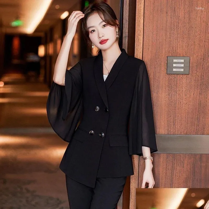 Women`s Two Piece Pants Suit Set 2023 Early Autumn Double Breasted Ruffle Sleeve Jacket Straight Leg 2ps Fashion Commute Professional