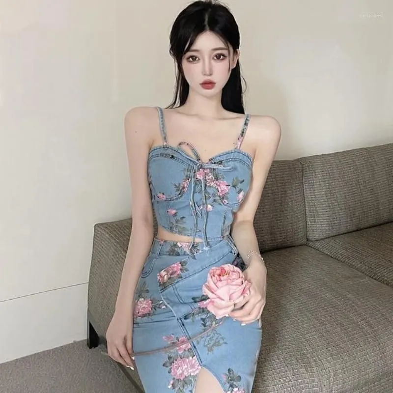 Work Dresses Sweet Girl Suit Women`s Suspender Top French Style Floral High Waist Denim Irregular Skirt Two-piece Set Fashion Female