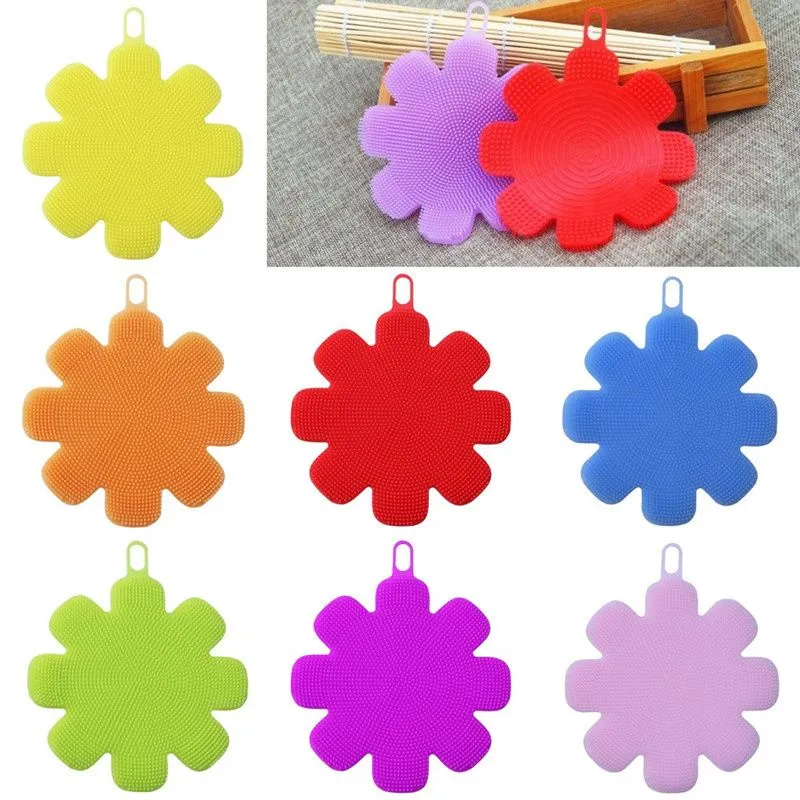 7 Color Kitchen Cleaning Tools Plum Blossom Silicone Dishwashing Brush Pot Vegetable Fruit Cleaning Brushs heat insulation Pads