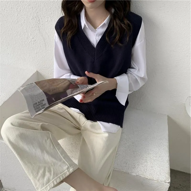 Women`s Sweaters Women`s Sweater Vest For Women V-Neck Solid Sueter Simple Slim All-Match Casual Korean Style Teens Chic Autumn Winter