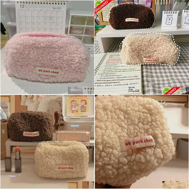 upgrade cute lamb hair travel makeup storage bag pen pencil pouch bag cosmetic pencil storage student large capacity multifunction bag