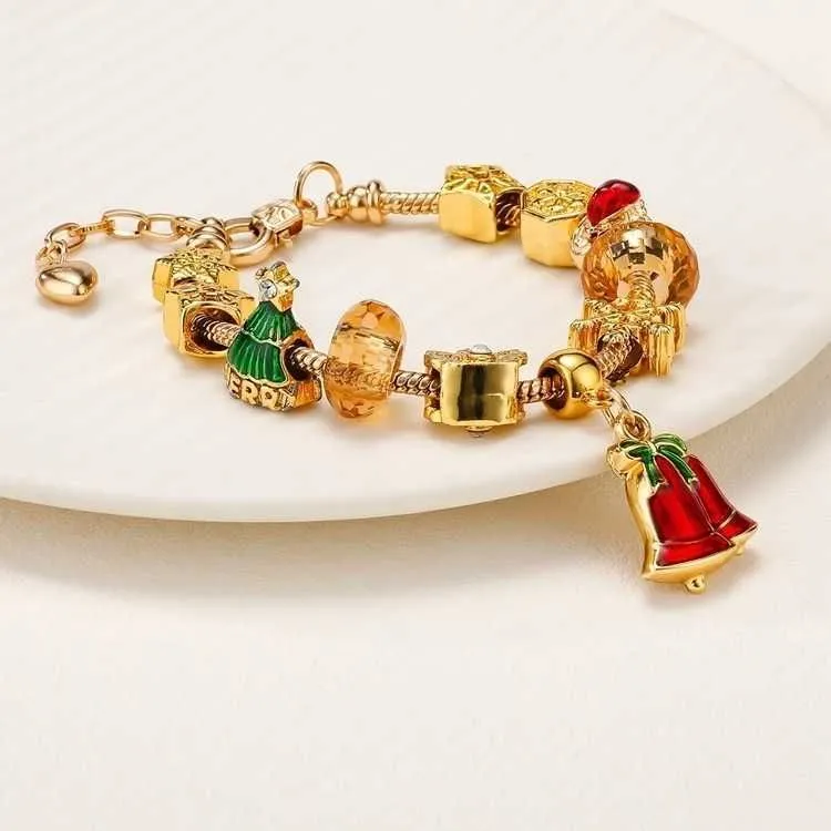 Charm Bracelets European Style DIY Large Hole Bead Bracelet Christmas Gifts For Women Girl Holiday Gift Golden Bracelet Red Bell