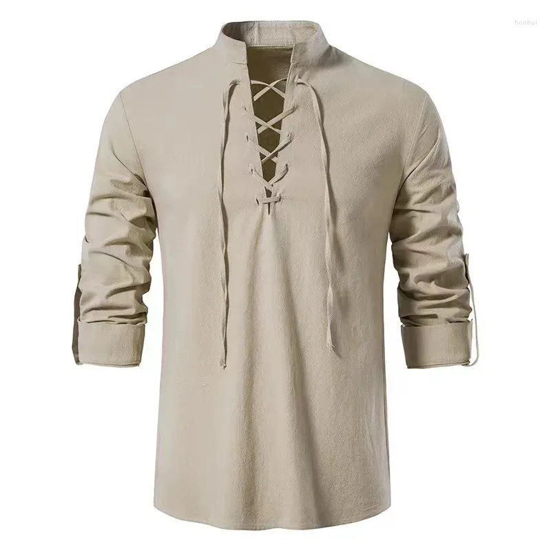 Men`s Casual Shirts 2023 Spring/Summer Cotton Linen Shirt Standing Collar Long Sleeve Henley Foreign Trade European Size