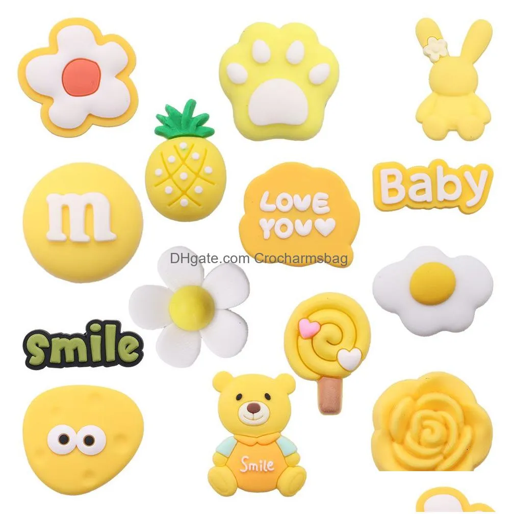 Shoe Parts & Accessories Wholesale 100Pcs Pvc Yellow Chocolate Rabbit Bear Flower Candy Charms Fit Wristbands Sandals Shoes Decoration Dh3Jg