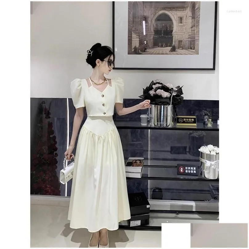 Work Dresses Summer Sweet Girl French Style Suit Women`s Bubble Sleeve Top High Waist A-line Long Skirt Two-piece Set Fashion Female