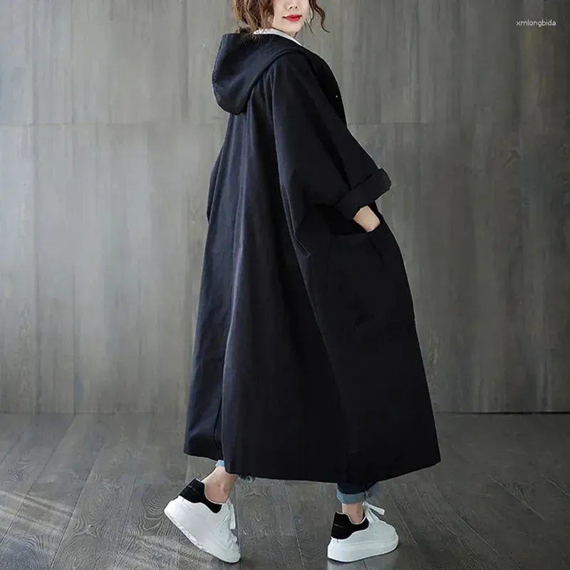 Women`s Trench Coats Woman Spring Autumn Coat Loose Long Large Pocket Windbreaker Hooded Commuter Casual Parker Overcoat