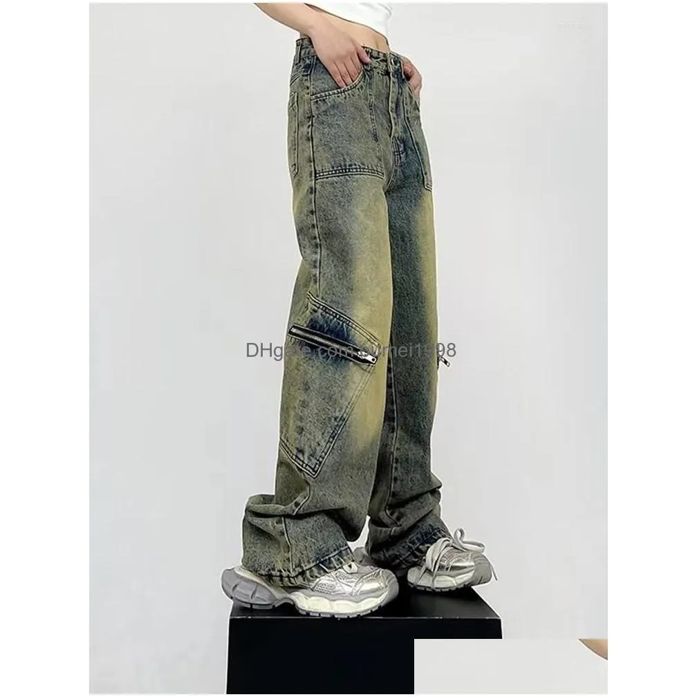 Men`S Jeans Mens American High Street Yellow Mud Dyed Denim Trousers Trend Retro Water Washing Straight Pants Loose Men And Drop Deli Dhklz
