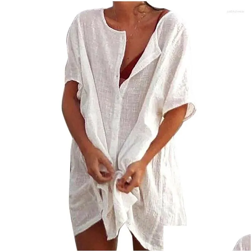 Women`s Swimwear Cotton Tunics For Beach Women Swimsuit Cover-ups Woman Mini Dress
