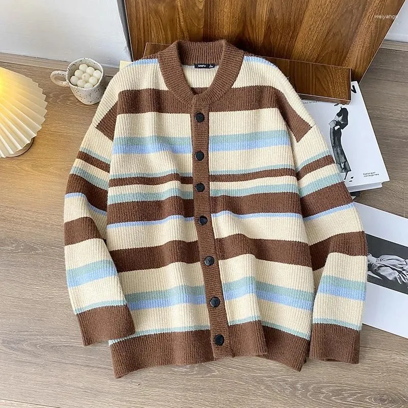 Mens Sweaters Autumn Winter Striped Couple Retro Causal Loose High Street Thickened Cardigan Jackets Men Overcoat Male Clothes Drop De