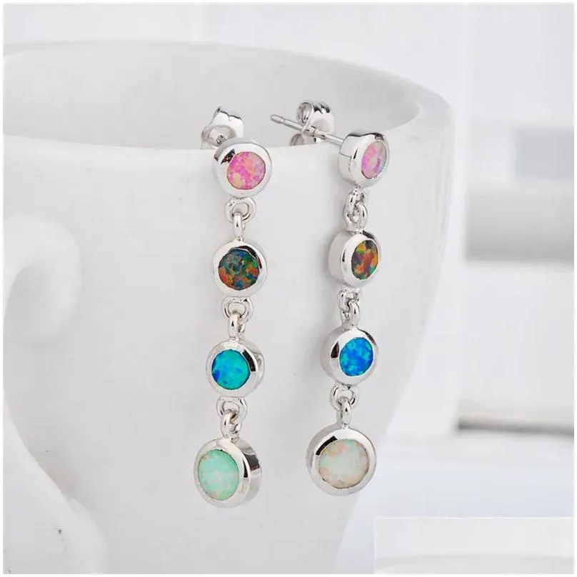 Dangle Earrings Multicolor Opal Long Female Cute Round Stone Classic Silver Color Drop For Women Party Jewelry