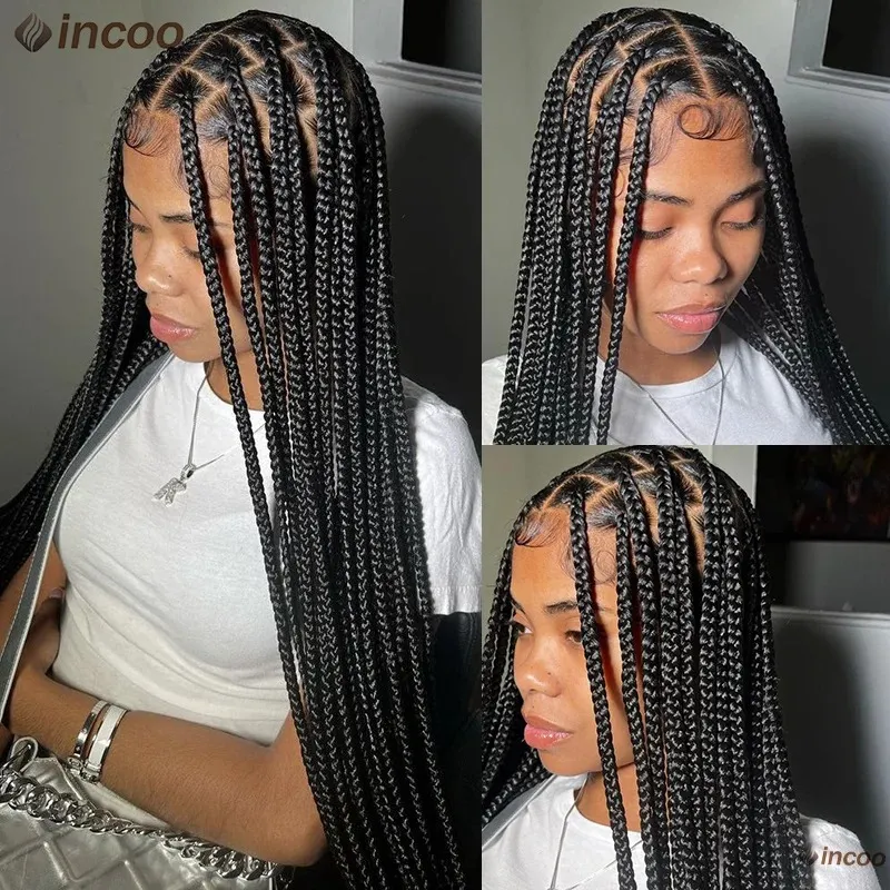Synthetic Large Box Braided Wigs Jumbo Knotless Full Lace Front Wigs for Black Women Jumbo Tribal Braids Faux Locs Cornrows Wig