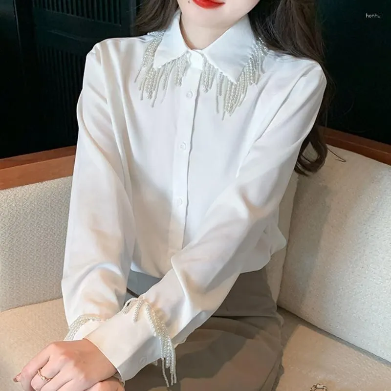 Women`s Blouses Western Style Chiffon Shirts Women 2023 Autumn Fashion Beading White Blouse Long Sleeve Turn Down Collar Elegant Tops