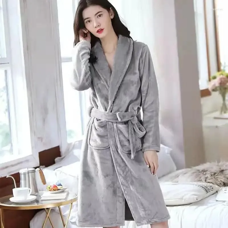 Men`s Sleepwear Women Kimono Bathrobe Gown Nightdress Winter Warm Thick Coral Fleece Nightgown Soft Flannel Robe Home Clothes Negligee
