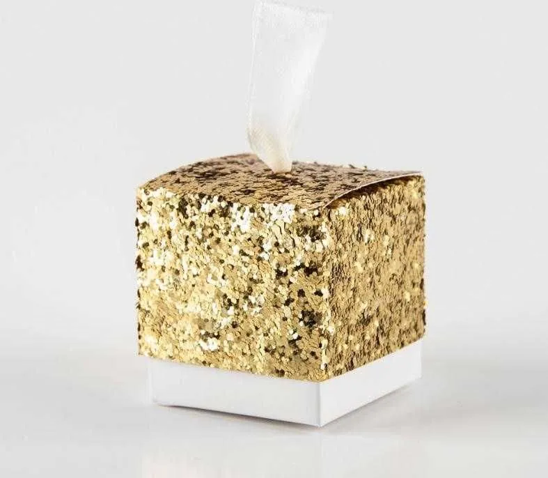 Golden Silver Glitter Gift Candy Box Birthday Party Wedding Papercard Bling Favor Boxes With White Ribbon 5X5cm