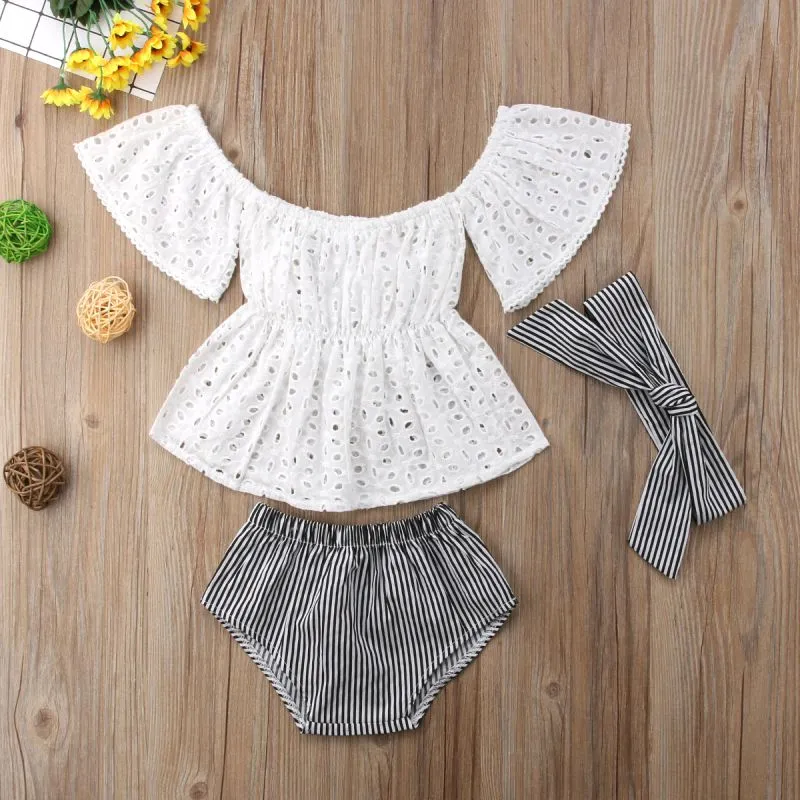 3pcs Toddler Baby Girl clothes set Lace hollow out short sleeve Top With Stripe Shorts And Headband 3Pcs Outfits set clothes