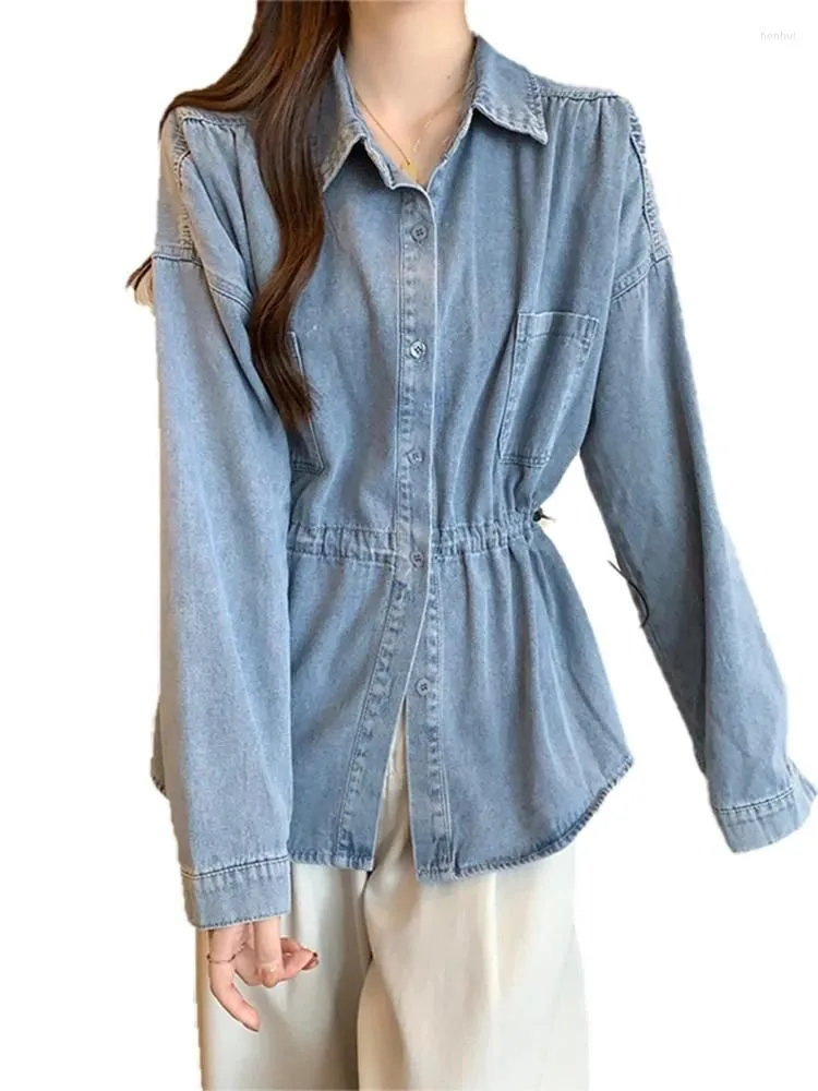 Women`s Blouses Retro Women Drawstring Denim Shirts Spring Loose Long Sleeve Thin Jackets Leisure Female Coats