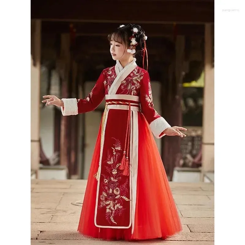 Ethnic Clothing Girls Hanfu Chinese Years Childrens Warm Tang Suit Kids Winter Plus Veet Embroidery Party Dress With Cloak Drop Delive