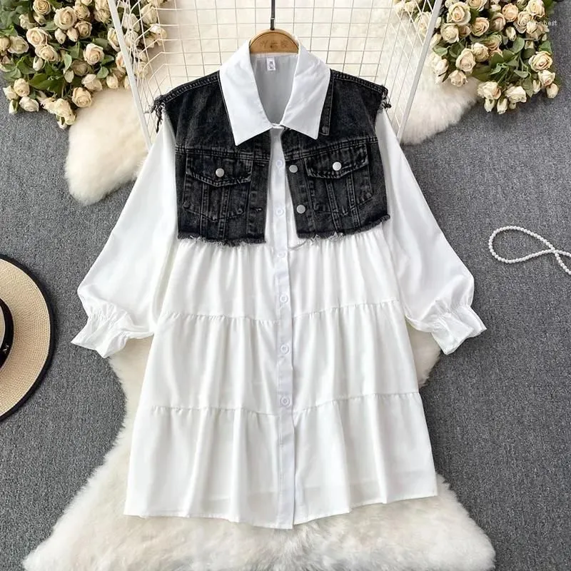 Work Dresses Women Autumn Dress Sets Hong Kong Style Retro Long Sleeved Loose Single Breasted A-line Shirt Two-piece Denim Vest D5491
