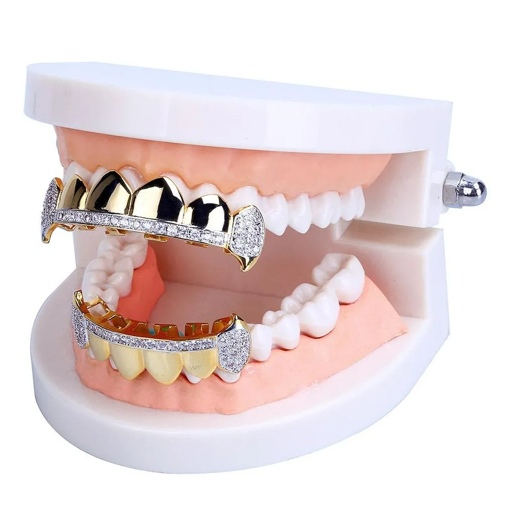 18K Real Gold Teeth Grillz Caps Iced Out Top Bottom Vampire Fangs Dental Grill Set Wholesale k3