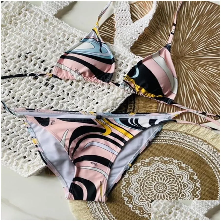 Swimwear Runway Bandage Push Up Bikini Set Two-Piece Line drawing Print Bikinis Patchwork Swimsuit Women Beach Swim wear298a