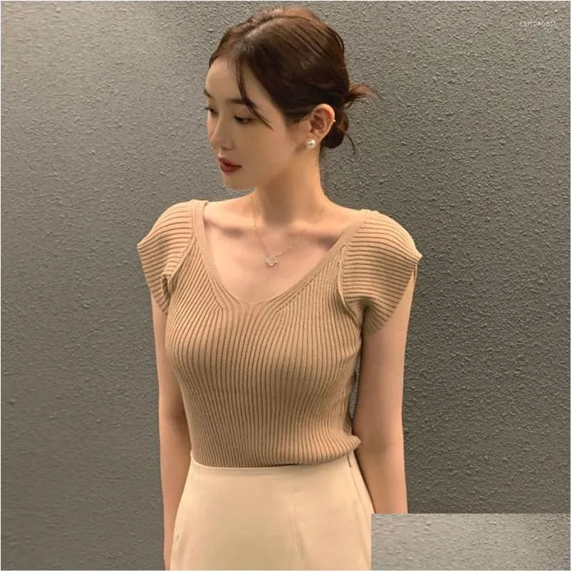 Women`s Sweaters Women`s Summer Fashion Elegant Slim Jumpers Backless V-neck Short Sleeve Knitted Pullovers Korean Elastic Fit Solid