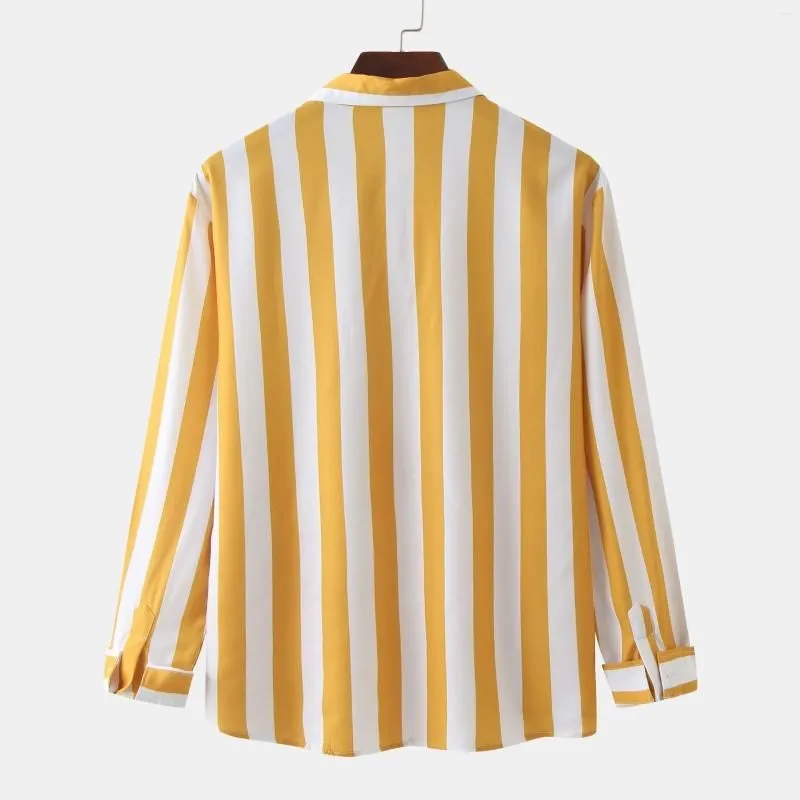 Men`s Casual Shirts Yellow Vertical Striped Shirt Men 2023 Brand Regular-Fit Long Sleeve Mens Elastic Button Up For Male 2XL