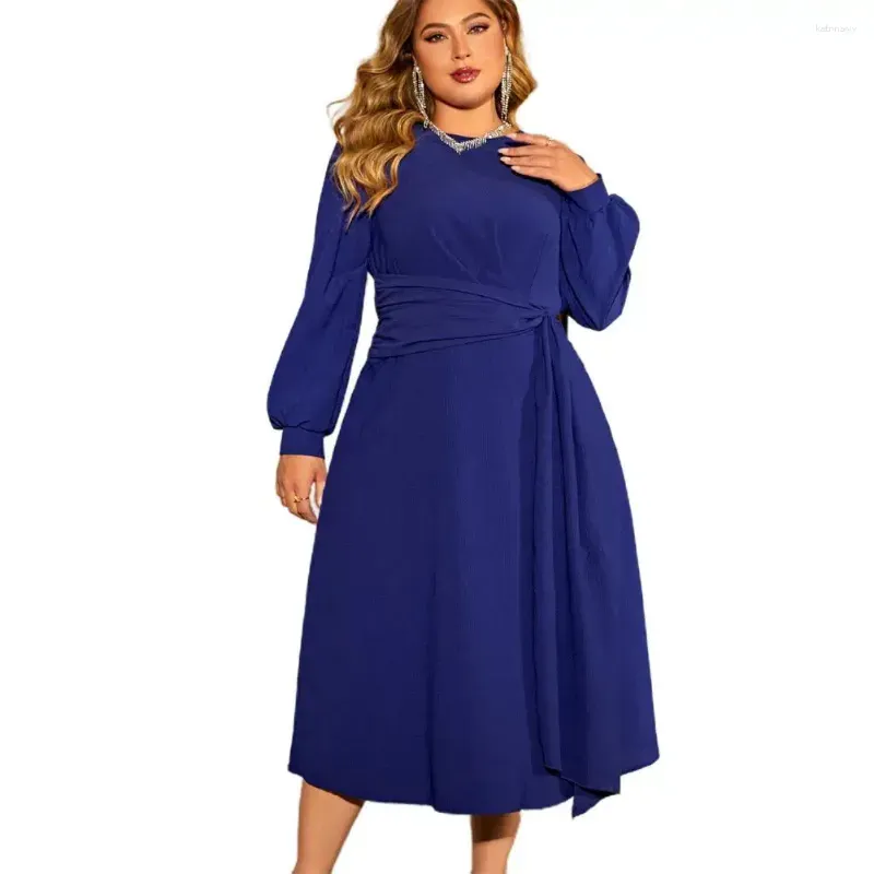 Plus Size Dresses Dress Elastic Waistband Elegant Lace-up Midi With Puff Sleeves For Fall Spring Events Women`s