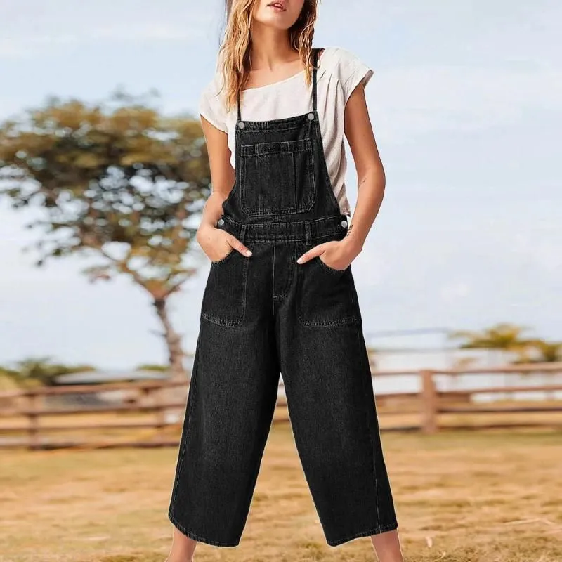 Women`s Jeans Loose Denim Overalls Bib Adjustable Thin Strap Capri Pants Wide Leg Jumpsuit Korean Fashion Vintage Trousers