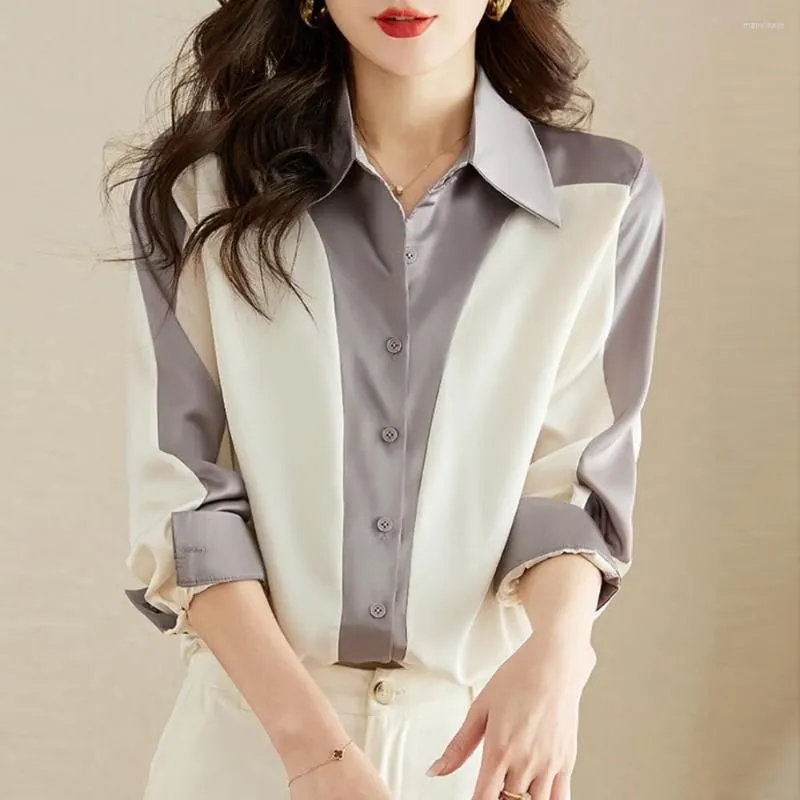 Womens Blouses Shirts Fashion Elegant Ladies France Style Color Stitching Women Spring Summer Long Sleeve Tops Female Mujer Blusas Dro