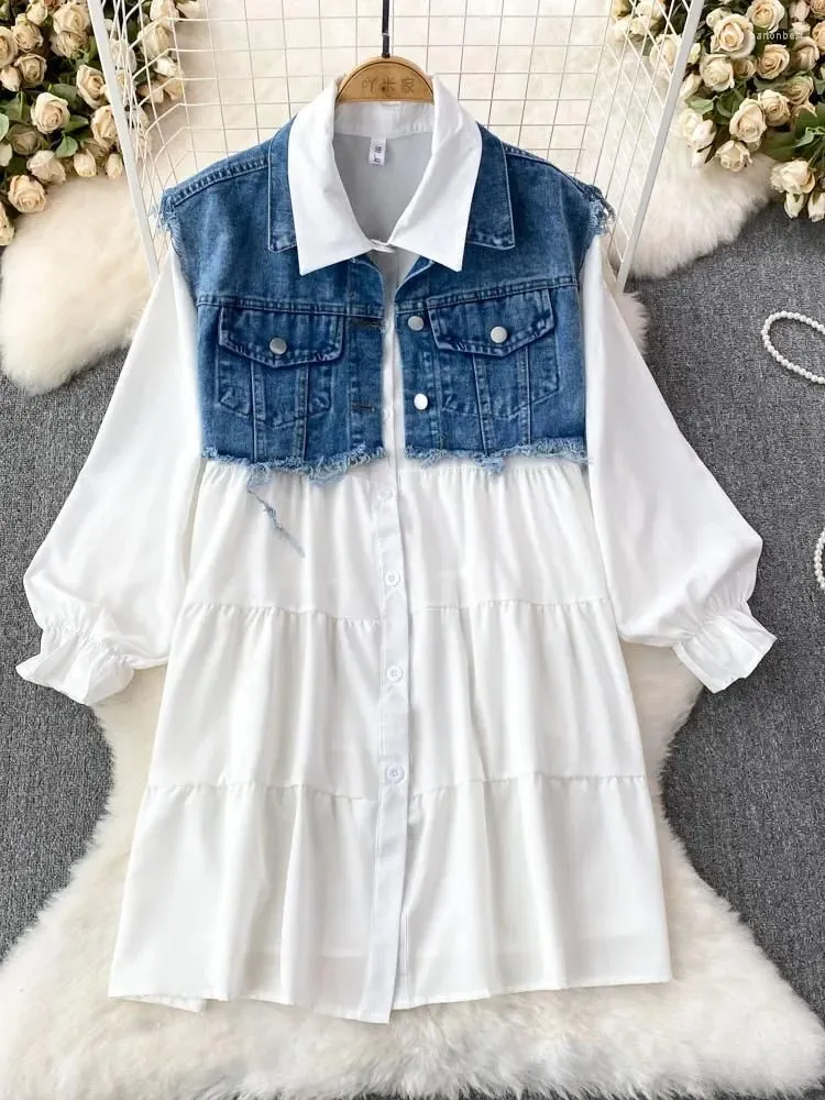 Work Dresses Women Autumn Dress Sets Hong Kong Style Retro Long Sleeved Loose Single Breasted A-line Shirt Two-piece Denim Vest D5491