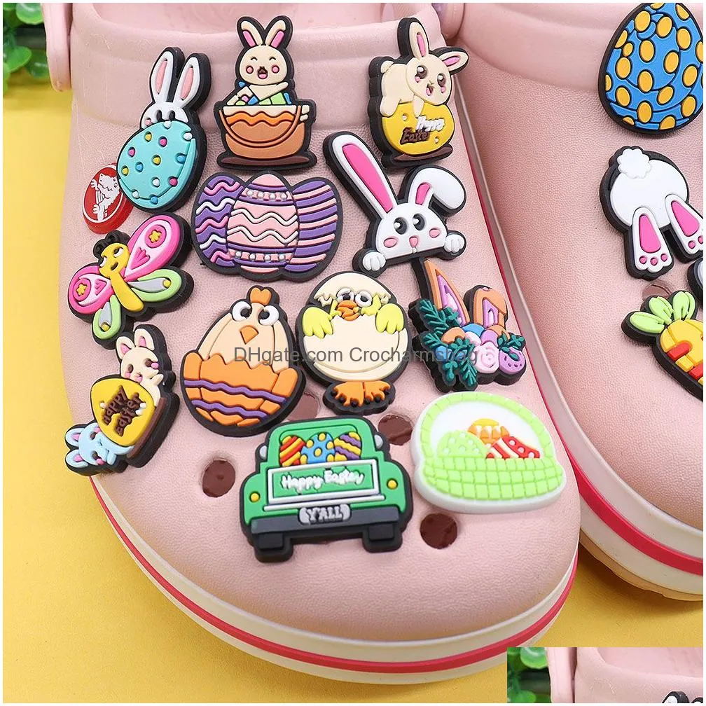 Shoe Parts & Accessories Wholesale 100Pcs Pvc Rabbit Easter Egg Car Butterfly Carrot Charms Buckle Decorations For Bracelet Button Clo Dhmvo