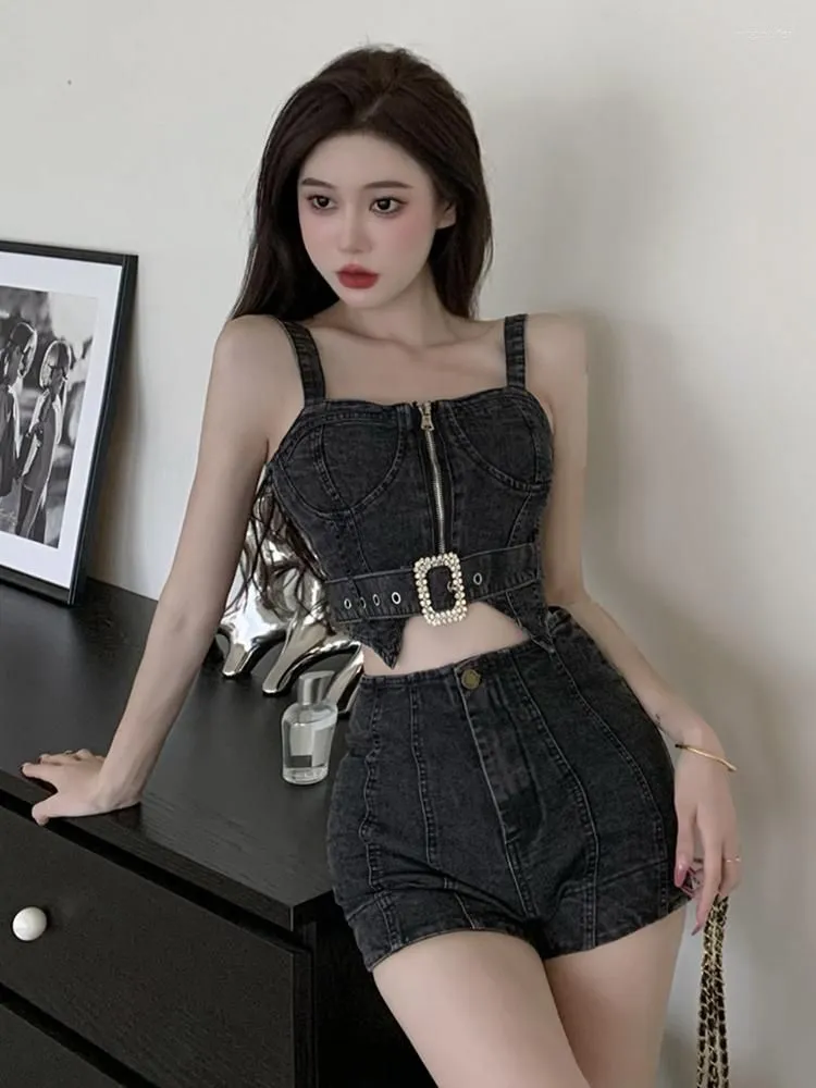 Women`s Tracksuits Denim Sexy Club 2 Pieces Outfits Women Casual Strap Backless Short Cropped Tops Shirt Blouse Shorts Femme Mujer Slim